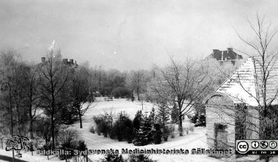 Bild ur fotoalbum SSSH Lund 1927
Album SSSH Lund 1927, skapat av SSSH-sköterskan "Ego", med bilder från sin utbildningstid och senare genom flera decennier. Bildtext "Utsikt från mitt fönster". Vinterbild, möjligen från infektionskliniken på Malmö Allmänna Sjukhus (MAS). Foto i så fall kanske i mitten på 1930-talet.
Nyckelord: Lasarettet i Lund;Södra Sveriges Sjuksköterskehem;SSSH;Sydsvenska Medicinhistoriska Sällskapet;SMHS;MAS;Malmö Allmänna Sjukhus