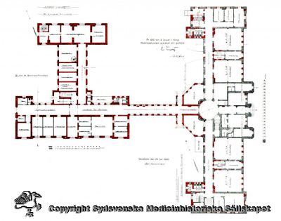 Kirurgiska kliniken i Lund, 1905
Plan över kirurgiska klinikens bottenvåning från 1868 med om- och tillbyggnaden 1905 utmärkt med rött. Ursprungligen publicerad i lasarettets årsrapport 1905. Från Flaum 1968.
Nyckelord: Arkitektritning;Ritning;Plan;Kirurgi;Kirurska;Klinik;Kliniken;1868;1905;1968;Flaum