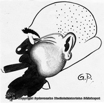 Fritz Ask, professor i oftalmiatrik i Lund
Fritz Ask. Karikatyr i Akademiska Föreningens arkiv i Lund. Tecknare: "G.P." = Gustaf Pettersson.
Nyckelord: Oftalmolog;Oftalmologi;Oftalmiatrik;Fritz;Ask;Lund;Karikatyr;Porträtt;Professor;Ögon;Ögonsjukdomar