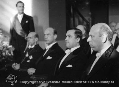 Professorsinstallationen i Lund den 21 oktober 1944
Professorerna Alf Sjövall (obstetrik och gynekologi), Erik Essen-Möller (psykiatri) och Carl Gustaf Ahlström (patologisk anatomi) installerades. Detta var första gången i universitetets historia som mer än en professor åt gången installerades. Från vänster marskalk, biskop Rohde, Carl Gustaf Ahlström, Alf Sjövall och Erik Essen-Möller.  Foto från Kristian Ahlström, son till Carl Gustaf Ahlström.
Nyckelord: Installation;Professor;Lund;1944;Marskalk;Biskop;Rohde;Carl;Gustaf;Ahlström;Alf;Sjövall;Erik;Essen-Möller