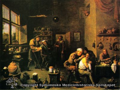 Interiör från fältskärsstuga
Konsttryck på kort. Tryckt på baksidan: "Oljemålning av David Teniers d y. Medicinhistoriska Museet, Åsögatan 146, 11632 Stockholm." 
Nyckelord: Fältskär;Fältskärsstuga;Teniers;David;Folkmedicin;Tryck;Kapsel 08