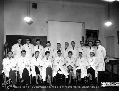 Medicinarkursen i kirurgi i Lund höstterminen 1958
Medicinarkursen i kirurgi i Lund höstterminen 1958. 1: Jan-Åke Wihl; 2. Jan Wirén; 3: Britta Frödin; 4: Barbro Ingemansson Nordqvist; 5: Christer Henriksson; 6: Karin Björkman Kullander; 7: Eva Collén; 8: Inga Hägerstrand; 9: Per Olof Bitzén; 10: John Elovsson; 11: Per-Olof Elvstrand; 12: Madis Mägiste; 13: Bertil Jannert; 14: Claes Gudmunsson; 15: Stig-Uno Ahnlide; 16: Kurt-Ingemar Svensson Stenbjelke; 17: Gösta Arvidson; 18: Sten Tibblin
Nyckelord: Lasarett;Lund;Universitet;Universitetssjukhus;USiL;Utbildning;Studenter;Studerande;Kandidat;Kirurgi;Kurs;Medicine