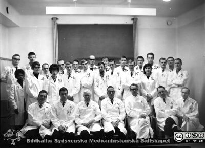 Medicinarkursen i kirurgi i Lund höstterminen 1965, med lärare
1: Doc Carl Axel Ekman. 2: Okänd. 3. Prof. Philip Sandblom. 4. Okänd. 5: Doc. Lennart Andersson. 6: Dr. Inge Dahn. 7: Okänd. 8: Eunice Corbin. 9: Eva Terling.  10: Kersti Brager. 11: Mats Elmér. 12: Bengt Göran Petersson. 13: Ingemar Thorstensson. 14: Per Fernlund. 15: Magnus Nilsson (Hägerdal?). 16: Katarina Hohwü-Christensen. 17: Ingemar Ihse. 18: Ingemar Ingemarsson. 19: Arne Löfqvist. 20. Sven Hjorth. 21: Mats Ekberg. 22: Jan Idvall. 23: János Luptovics. 24: Ulf Albrechtsson. 25. Carl Gustav Hermanson. 26: Gunnar Svensson. 27: Claes Hersvall. 28: Åke Nilsson. 29: Uno Landehag?. -. Åke Henning. -: Ulla Britt Larson. -: Anders Mühlow.  
Nyckelord: Lund;Lasarett;Universitet;Universitetssjukhus;USiL;Utbildning;Kirurgi;Kurs;Kandidater;Medicine