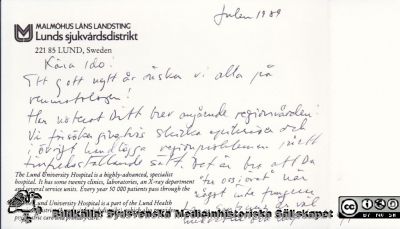 Brevkort från Frank Wollheim till Ido Leden
Jul- och nyårshälsning från reumatologprofessorn Frank Wollheim till kollegan Ido Leden i Kristianstad julen 1989. Ur Ido Ledens samling.
Nyckelord: Lasarett;Lund;Universitet;Universitetssjukhus;USiL;Reumatologi;Kristianstad;Filateli