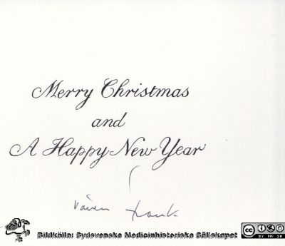 Julkort från Malmöhus Läns Landsting (MLL) 1989
Jul- och nyårshälsning från reumatologprofessorn Frank Wollheim till kollegan Ido Leden i Kristianstad julen 1989.
Nyckelord: Lasarett;Lund;Universitet;Universitetssjukhus;USiL;Reumatologi;Kristianstad;Filateli