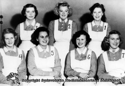 Luciakandidater, Vipeholm, 1949
 LUCIAKANDIDATER 1949. 1. Marianne Ahlander, 2. Doris Andersson, 3. Ulla Persson, 4. Karin Nilsson, 5. Melitta Tailons ( Lucia ), 6. Öje Nappor, 7. Majken Samuelsson. Foto Omonterat
Nyckelord: Marianne;Ahlander;Doris;Andersson;Ulla;Persson;Karin;Nilsson;Melitta;Tailons;je;Nappor;Majken;Samuelsson;Lucia;Fest;Vipeholm;Personal;Kapsel 14;Foto;Omonterat;Luciakandidater