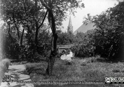 En gammal och en yngre kvinna i professor. M. K. Löwegrens trädgård vid St Petri Kyrkogata i Lund.
Från foto nära sekelskiftet 1900. Bildkälla: M.K. Löwegrens efterlämnade handlingar hos Aino Milner i Dalby 2013, från 2015 på UB i Luind. 
Nyckelord: Lund;Universitet;Universitetssjukhus;USiL;Ögon;Oftalmologi;Trädgård;Park