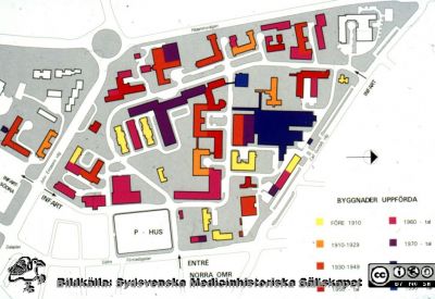 Plan över byggnader vid Malmö Allmänna Sjukhus i början på 1990-talet
Schematisk karta över Malmö Allmänna Sjukhus vid millennieskiftet 2000. Bildkälla: Ersgård et al (1996) sid 157.
Nyckelord: UMAS;MAS;Malmö_;Allmänna;Sjukhus