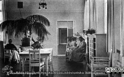 Dagrum på kvinnlig avdelning på lasarettet i Lund i början på 1900-talet
Reprofoto från lasarettsfotografernas pärm "Gammalt A". Efter ett gammalt tryckt vykort, rimligen från tiden vid sekelskiftet 1900. Taklampan är elektrisk, dvs bilden är tagen efter c:a 1905. Samma som bild SMHS2576.
Nyckelord: Lund;Lasarett;Kvinnor;Kvinnlig;Dagrum;Lasarettet;Lund