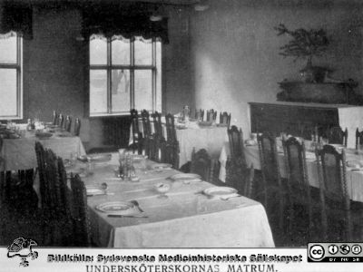 Undersköterskornas matsal 1905
Påskrift på bilden enligt kopian SMHS2658: "Gam. Las.: Undersköterskornas matsal 1905". Reprofoto av rastrerat original. Från 35 mm repronegativ i lasarettsfotograferna i Lunds arkiv. Pärm "Gammalt A".
Nyckelord: Lund;Lasarett;Universitet;Universitetssjukhus;Personalmatsal;Matsal;Matrum;Undersköterskor