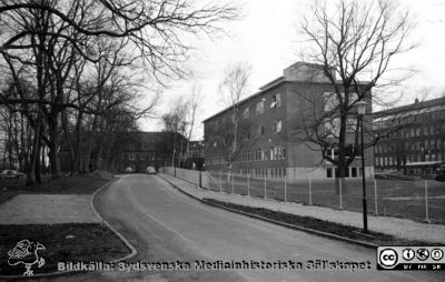 1957 års utbyggnad av reumatologiska kliniken.
Vy från öster. Från 35mm repronegativ i lasarettsfotograferna i Lunds arkiv. Pärm "Gammalt A".
Nyckelord: Lasarettet;Lund;Universitet;Universitetssjukhus;Park;Reumatologi