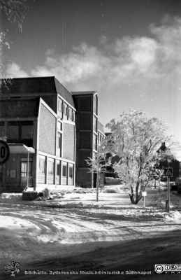 Vinterbild, Lasarettet i Lund, 1960-talet
Pärm "Div. tagningar 1960 och t.v.	Lasarettsexteriörer". Vinterbild. Administrations-blocket från västsydväst Foto på 1960-talet före högertrafikens införande 1967. Från negativ.
Nyckelord: Lasarettet;Lund;Universitetssjukhus;Vinter;Rimfrost;Administration;Kontor