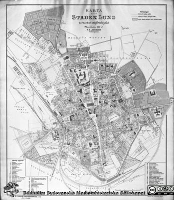 Stadskarta över Lund 1907
Karta öfver Staden Lund med närmast omgifvande joder. Upprättad år 1907 af A. B. Jakobsson, Stadsingeniör
Nyckelord: Lund;Lasarett;Universitet;Universitetssjukhus;Karta