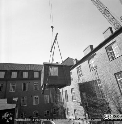 Forskningsbaracken på innergården i den tidigare medicinska kliniken tas bort
Pärm "USiL div. tagningar. 1960 och t.v.". Foto 1968. Från negativ. - Bildserien visar rimligen borttagningen av den barack med forskningsutrymmen som något decennium tidigare hade satts på en av mediciniska klinikens innergårdar. Medicinska klinkiken hade 1968 flyttat in i det nya centralblocket, vilket nog var skälet till att baracken togs bort.
Nyckelord: Lund;Lasarett;Sjukhus;Universitet;Universitetssjukhus;Intern;Medicin;Klinik;Forskning;Barack