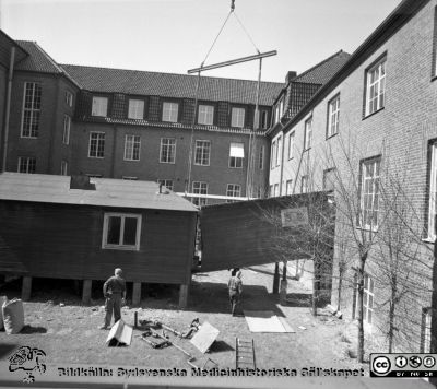 Forskningsbaracken på innergården i den tidigare medicinska kliniken tas bort
Pärm "USiL div. tagningar. 1960 och t.v.". Foto 1968. Från negativ. - Bildserien visar rimligen borttagningen av den barack med forskningsutrymmen som något decennium tidigare hade satts på en av mediciniska klinikens innergårdar. Medicinska klinkiken hade 1968 flyttat in i det nya centralblocket, vilket nog var skälet till att baracken togs bort.
Nyckelord: Lund;Lasarett;Sjukhus;Universitet;Universitetssjukhus;Intern;Medicin;Klinik;Forskning;Barack