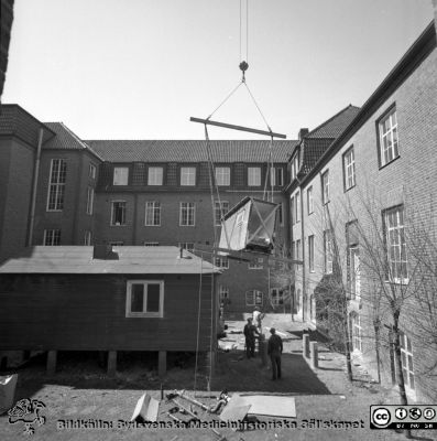 Forskningsbaracken på innergården i den tidigare medicinska kliniken tas bort
Pärm "USiL div. tagningar. 1960 och t.v.". Foto 1968. Från negativ. - Bildserien visar rimligen borttagningen av den barack med forskningsutrymmen som något decennium tidigare hade satts på en av mediciniska klinikens innergårdar. Medicinska klinkiken hade 1968 flyttat in i det nya centralblocket, och baracken behövdes inte mer.
Nyckelord: Lund;Lasarett;Sjukhus;Universitet;Universitetssjukhus;Intern;Medicin;Klinik;Forskning;Barack