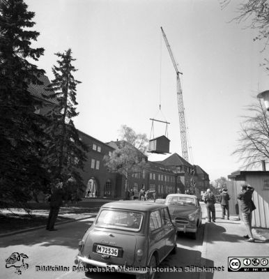 Forskningsbaracken på innergården i den tidigare medicinska kliniken tas bort
Pärm "USiL div. tagningar. 1960 och t.v.". Foto 1968. Från negativ. - Bildserien visar rimligen borttagningen av den barack med forskningsutrymmen som något decennium tidigare hade satts på en av mediciniska klinikens innergårdar. Medicinska klinkiken hade 1968 flyttat in i det nya centralblocket, och rimligen hade ombyggnad av det gamla huset startats.
Nyckelord: Lund;Lasarett;Sjukhus;Universitet;Universitetssjukhus;Intern;Medicin;Klinik;Forskning;Barack