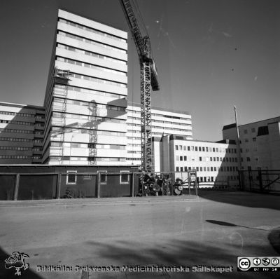 Lasarettet i Lund år 1967. Sista delen av laboratorieblocket byggs.
Lasarettsfotograferna i Lund. Pärm "Div. tagningar, 1960 och t.v.". Foto år 1967. Omärkt bild. EA-blocket under byggnad. Foto från öster. Centralblocket i bakgrunden. Från negativ
Nyckelord: Laboratorier;Lasarett;Lund;Universitet;Universitetsklinik;USiL;Bygge