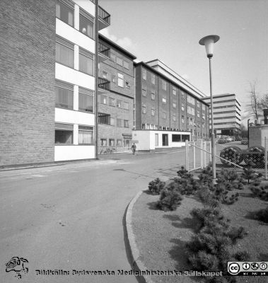 Radiologiska kliniken
Lasarettsfotograferna i Lund. Pärm "Div. tagningar, 1960 och t.v.". Foto 20/4 1967. Fasad mot söder. Centralblocket bakom är snart klart att tas i bruk (det skedde 1968). Från negativ.
Nyckelord: Lasarett;Lund;Universitet;Universitetsklinik USiL;USiL;Radiologi;Onkologi;Strålbehandling