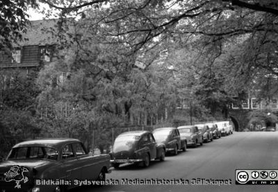 Lasarettet i Lund 1961. Sandgatans förlängning mot norr, senare Lasarettsgatan. Gamla medicinska kliniken till vänster. Valvet som förbinder reumatologiska och de medicinska klinikerna i fonden. 
Pärm "Div. tagningar 1960 och t.v.". Foto 1961. Foto mot norr. Kanske är det rimfrost på träden? Eller är de alldeles nyutslagna? Film no.27. Från negativ.
Nyckelord: Lund;Universitetssjukhus;Lasarett;Universitet;USiL;Medicin;Klinik;Reumatologi