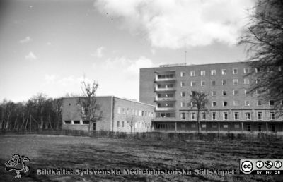 Lasarettet i Lund 1961. Barnkliniken i Lund, från söder
Pärm "USiL div. tagningar. 1960 och t.v.". Omärkt bild. Barnsklinikens byggnader från 1951. Fasader mot söder. Foto i början av 1960-talet. Från negativ
Nyckelord: Lund;Lasarett;Universitetssjukhus;Universitet;Barn;Pediatrik;Klinik;Sjukhus