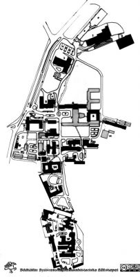 Lasarettet i Lund 1961. Gamla kurhuset i Lund, nu hud- och könsklinik, Fasad mot norr, kirurgiska kliniken och parken där.
Pärm "Div. tagningar 1960 och t.v.". Karta över lasarettet c:a 1960. Kurlvertsystemet, till stor del byggt i mitten på 1900-talet, finns inritat. Gråa byggnader är under rivning eller uppförande. Svarta är befintliga. Från negativ.
Nyckelord: Lund;Lasarett;Universitetssjukhus;Universitet;Planritning;Kulvert