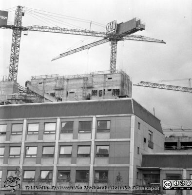 Centralblocket byggs på Lasarettet i Lund i mitten på 1960-talet, färdigt 1968.
Lasarettet i Lund. Div. tagningar 1960 och t.v. Från negativ. Omärkt bild från 1960-talets mitt. Centralblocket är under byggnad av SIAB. I förgrunden AB-blocket. Från negativ.
Nyckelord: Lund;Lasarett;Universitet;Universitetssjukhus;USiL;Bygge