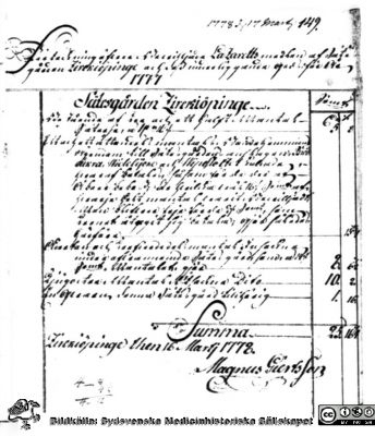 Sireköpinges bidrag till Lasarettet i Lund under 1777
Pärm "Div. tagningar, 1960 och t.v.". Reprofoto. Från negativ. 
Nyckelord: Lund;Lasarett;1700-talet;;Bidrag