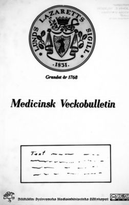 Medicinsk Veckobulletin, omslagsförslag
Pärm Lasarettsfoto, interiörer och exteriörer m.m. 1958 - 1960. Lunds Lasaretts sigill. Förslag till omslag för Medicinsk Veckobulletin c:a 1961. 12. Från negativ
Nyckelord: Lasarett;Lund;Universitet;Universitetssjukhus;USiL;Sigill;Tidskrift