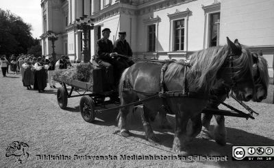 Repris av Sune Pährssons lasarettsresa 1768
Lasarettsfotograferna i Lund, pärm Negativ, 1993-2. Lasarettet i Lund firar 225 år. 93-08-21. Sunes vårdtid blev 47 dagar år 1768.  Från negativ.
Nyckelord: Lasarettet;Lund;Universitetssjukhuset;USiL;Jubileum;Upptåg;Firande