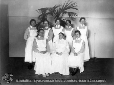 Sköterskor och biträden på ögonkliniken i Lund på södra lasarettsområdet i mitten på 1920-talet
Foto Alfr. Hagblom, Lund för ett fotoalbum tillägnat professor Gustaf Ahlström när han pensionerades år 1927.
Nyckelord: Ögon;Ögonklinik;Oftalmologi;Oftalmiatrik;Lund;Lasarett;Södra;Område;