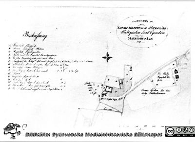 Detalj av karta över Hostpitalsgårdens ägor från 1745
Ur pärm med bilder tänkta för A. Flaum "Lasarettet i Lund" (1968).  Byggnaderna vid E är kyrkan och hospitalet. Efter R. Blomqvist, "Lunds historia. Medeltiden" (1951). Tänkt för sid. 17 i Flaum (19689, men ersattes av andra kartor.
Nyckelord: Lasarettet;Lund;Universitetssjukhuset;USiL;Historik;Karta;1700-talet