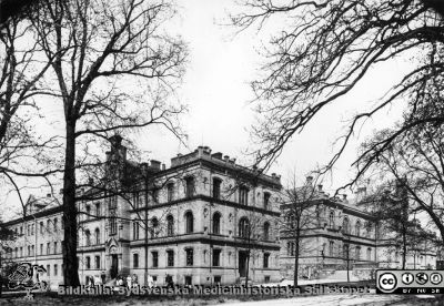 Ögonkliniken i Lund 1903
Pärm med bilder tänkta för A. Flaum "Lasarettet i Lund" (1968). Ögonkliniken från år 1884 ( i mitten), kirurgkliniken från år 1867-68 (till höger) och invärtskliniken, numera lungkliniken, från år 1850 (till vänster). I ögonklinikens källarvåning fanns lasarettets första egna köksinrättning, i första våningen kontorslokaler. Uppe på trappan står sysslomannen P. Lundborg. Foto 1903 av Lina Jonn. Lunds universitetsbibliotek. (Sid.163)
Nyckelord: Lasarettet;Lund;Universitetssjukhuset;USiL;Ögonklinik;Medicinsk;Kirurgisk