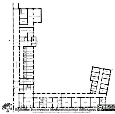 Kvinnokliniken i Lund av år 1918
Plan av bottenvåningen. Från rastrerad tryckt förlaga: Borelius (1918): Malmöhus Läns Lasarett i Lund 1768-1918. I. De äldre lasarettsbyggnadernas historia.
Nyckelord: Lasarettet;Lund;Universitetssjukhuset;USiL;KK;BB;Obsetrisk;Gynekologisk;klinik