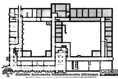 Medicinska Kliniken i Lund c:a1918
Källarvåningen. Från rastrerad tryckt förlaga: Borelius (1918): Malmöhus Läns Lasarett i Lund 1768-1918. I. De äldre lasarettsbyggnadernas historia.
Nyckelord: Lasarettet;Lund;Universitetssjukhuset;USiL;Medicinsk;Klinik;Arkitektritning