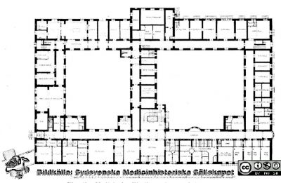 Medicinska Kliniken, Lasarettet i Lund c:a 1918
Bottenvåningen. Från Borelius (1918): Malmöhus Läns Lasarett i Lund 1768-1918. I. De äldre lasarettsbyggnadernas historia.
Nyckelord: Lasarettet;Lund;Universitetssjukhuset;USiL;Medicinsk;Klinik;Arkitektritning