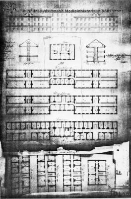 Version av planritningar 1848 för Lunds Lasarett av C.G.Beijer med den tilltänkta stora nybyggnaden vid lasarettet i mitten av 1800-talet. 
Endast den västra (i bild vänstra) flygeln uppfördes. Det äldsta lasarettets (Stallmästarehusets) påbyggnad uteblev.
