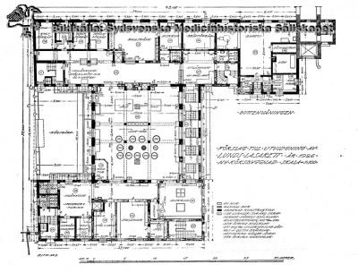 Lunds Lasaretts kök av år 1926, bottenvåningen.
Planritning över Lunds Lasarett nya köksbyggnad år 1926, bottenvåningen. Huset hyser sedan början på 2000-talet Theologicum.
