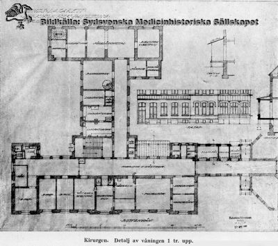 Plan över kirurgisk avdelning på södra lasarettsområdet
Detalj av våningen en tr. upp. Ritning av ark. Salomon Sörensen i Malmö 22 mars 1929.
Nyckelord: Kapsel 01;Lasarettet;Lund;Södra;Område;Kirurgi;Kirurgisk;Klinik;Plan;Ritning;Planritning;Salomon;Sörensen;1929;Söder