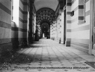 Kirurgklinikens korridorer omkring 1900 (obs. kaminerna). 
Fotografi monterat på pappskiva. 
Nyckelord: Kapsel 02;Regionarkivet;Lasarettet;Lund;Kirurgi;Kirurgisk;Klinik;1900