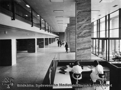 Entréhallen i centralblocket på Lasarettet i Lund 1968
Byggnaden är alldeles ny. Bilden är publicerad i Flaum (1968), sid 262, och tagen samma år.
Nyckelord: Kapsel 03;Regionarkivet;Lasarettet;Lund;Centralblocket;Blocket;Entréhallen;Reception