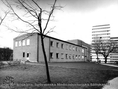 Barnpsykiatriska kliniken, från 1986 Ögonkliniken B
Påskrift: "Barnpsykiatrisk klinik. Foto i lasarettsarkivet." Fotografi monterat på tjock kartong. Foto från nordost. Årtal saknas, men kliniken invigdes i oktober 1965. Det bakomliggande centralblocket vid Lasarettet i Lund stod färdigt 1968. Bilden bör alltså vara tagen tidigast på sent 1960-tal eller senare; senast 1985 då huset gjordes om till ögonmottagning, sedan barnpsykiatrin hade flyttats ned till St Lars-området.
Nyckelord: Kapsel 03;Regionarkivet;Lasarettet;Lund;Barnpsykiatrisk;Klinik;Ögon;