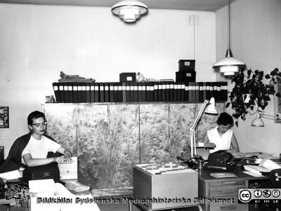 Två anonyma kanslister på lasarettsadministrationen i Lund 1960
Omonterat foto utan påskrift, i mapp från sjukhusdirektörens kontor med påskrift "Fotoarkiv. Paradisgatan + annat gammalt". Kontorsmaskinerna har hunnit bli elektrifierade. Rimligen från sjukhuskontoret vid Valvet, innan flytten till nya administrationsbyggnaden 1960. Negativet hittades 2015 i sjukhusfotografernas samling (se bild SMHS14079). Bilden är tagen 1960.
Nyckelord: Lasarettet;Lund;Universitet;Universitetssjukhus;USiL;Administration;Kontor;Kontorist