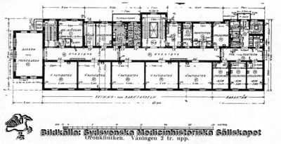 Öronkliniken i Lund
Måttsatt planritning. Våningen 2 tr. upp. Öronkliniken byggdes i början på 1930-talet, och ritningen hänför sig troligen till detta bygge. Från tryckt förlaga med okänd proveniens. 
Nyckelord: Tryck;Våningen;Lund;Lasarettet;Planritning;ronkliniken;Måttsatt;Kapsel 17;ron;Regionarkivet