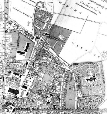 Karta över Lunds norra områden, 1875-1876
Karta över staden Lund med närmast omgivande jordar. Upprättad åren 1875 och 1876 i sammandrag utgiven år 1878 av V. Palmcrantz. Foto, Kulturen lund. 
Snarlik men något yngre karta publicerad på sid. 209 i Flaum 1968
Nyckelord: Lund;Stad;1875;Palmcrantz;Karta;Lasarettet;