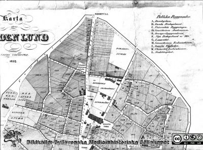 Karta över staden Lund inom vallarne 1837.
Nyckelord: Kapsel 17;Karta;Lund