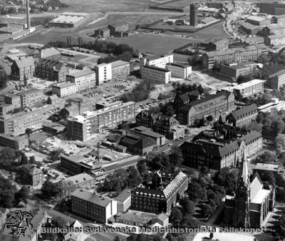 Flygfoto över norra lasarettsområdet i Lund, från sydväst
I nedre högra hörnet ses Allhelgonakyrkan. I bildens mitt centralblockets tomt med AB-blocket och D-blocket byggda. Foto i Lunds universitets historiska museum i mitten på 1960-talet. Publicerad i Flaum 1968, sid.259

Nyckelord: Kapsel 18;Lund;Lasarett;Norra;Området;Flygfoto;1960-talet.