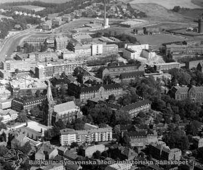 Flygfoto över norra lasarettsområdet i Lund, från sydväst. 
Omärkt bild. Originalfoto. Monterat. Man ser bl. a. Allhelgonakyrkan i bildens nedre vänstra kvadrant. I mitten tomten för 1968 års centralblock, omgiven av laboratorieblocket CD och AB-blocket. Infektionskliniken i bildens vänstra är under byggnad, dvs bilden bör vara tagen i mitten av 1960-talet.
Nyckelord: Kapsel 18;Lund;Lasarett;Norra;Området;Flygfoto