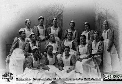 Provsköterskor vid Sophiahemmet 1897
Kapsel 25. Stående fr vä: Hanna Jusander, Hedvig Olander, Alma Sjöström, Elisabeth Swedberg, Laura Malmsten, Ebba Lagström. Sittandes fr vä: Ida Ljungfelt, Alma Kristiansson, Hulda Rylander, Amy Lagerquist, Gerda Åhgren. Sittande på golvet: Maria Skarin, Hanna Lindberg, Anna Stenström. Foto från Ebba Lagströms efterlämnade handlingar. Originalfoto. Monterat
Nyckelord: Kapsel 25;Utbildning;Sjuksköterskor;Stockholm;Provsystrar;Provsköterskor