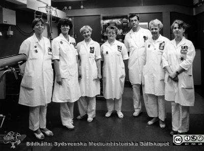 Onkologiska kliniken i Lund. Personal på gynekologiska avdelningen.
Foto Ola Terje låda A bild 38/11. Slutet på 1980-talet. 
Nyckelord: Terje;Onkologisk;Onkologi;Klinik;Lund;Interiör;1980-talet;Personal;Gynekologi